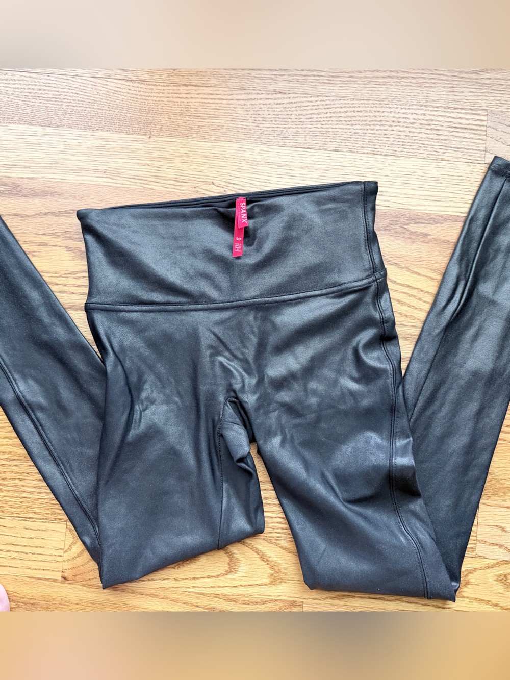 SPANX Black Faux Leather Leggings with Red Tag
